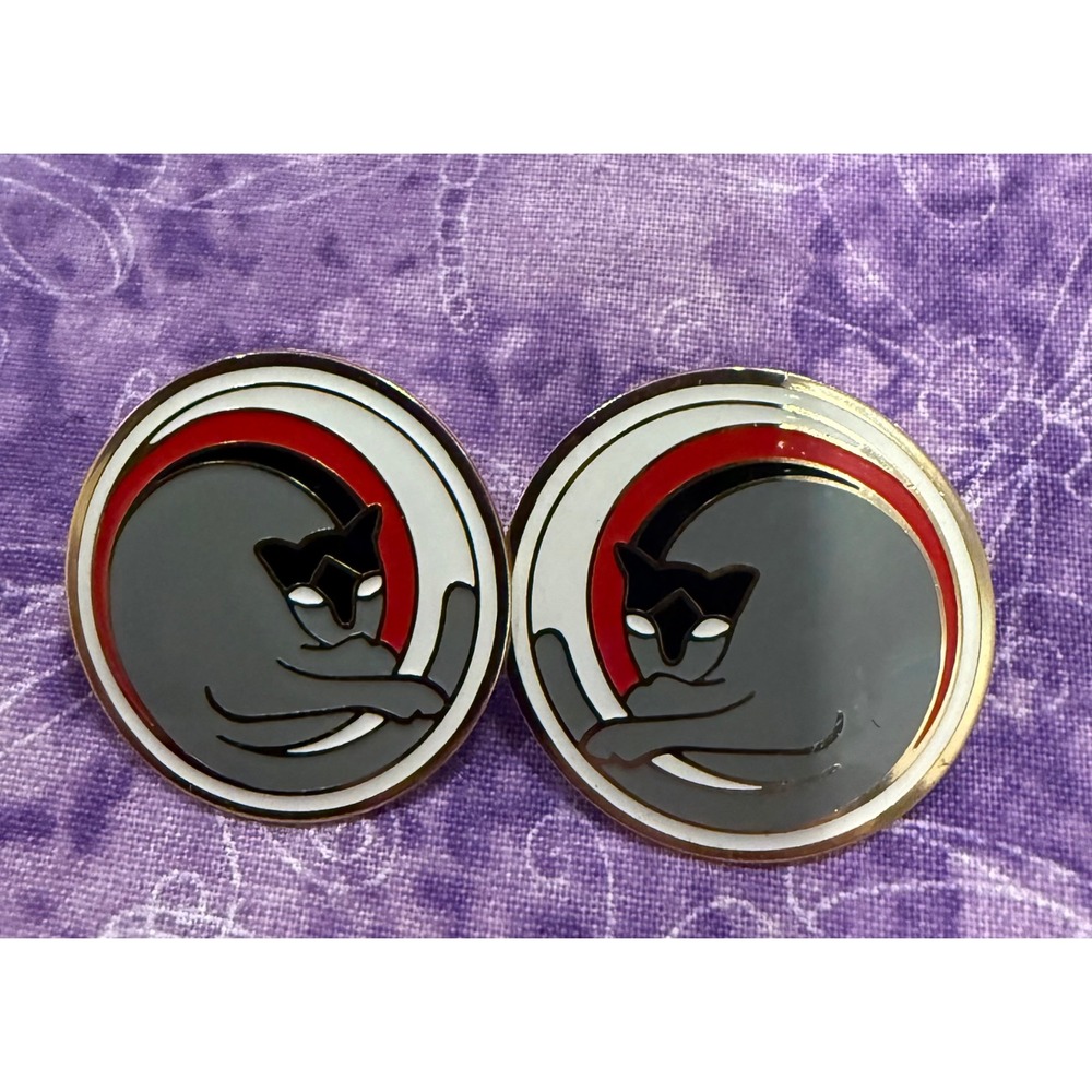 Meow Women 1" Stud Earrings Grey Black Red Enamel Cat Kitten Art Deco Modernist